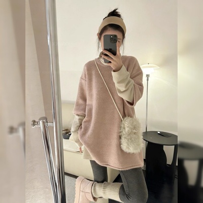 甜美风粉色圆领短袖毛衣女2026新款冬季休闲宽松中长款叠穿上衣女