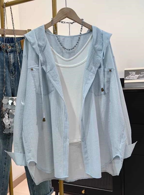 连帽宽松肌理感褶皱衬衫女2025夏季宽松韩版休闲防晒衫上衣薄外套