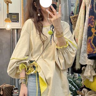 春季中长款宽松长袖T恤女款2025年新款浅春系穿搭小众设计感上衣