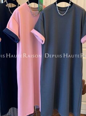 超大码200斤时尚撞色法式纯棉短袖T恤裙女新款宽松显瘦连衣长裙子