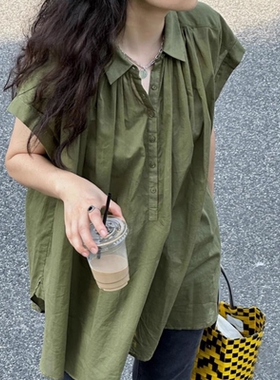复古港风时髦褶皱小飞袖衬衫女夏小众设计感宽松休闲薄款短袖衬衣