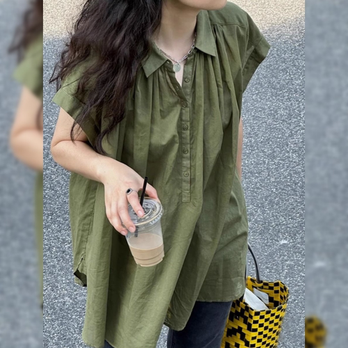 复古港风时髦褶皱小飞袖衬衫女夏小众设计感宽松休闲薄款短袖衬衣