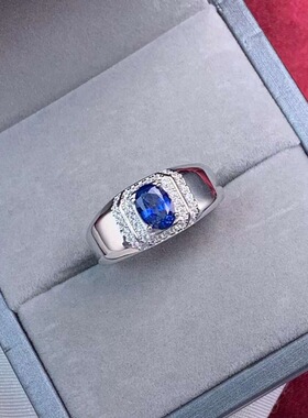 男士戒指天然蓝宝石戒指925银男戒矢车菊蓝宝石戒指网红直播