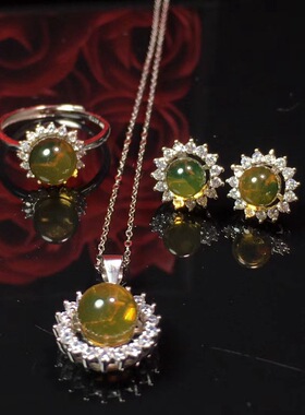 琥珀套装经典款银镶蓝琥珀圆珠项链首饰戒指配饰耳钉饰品