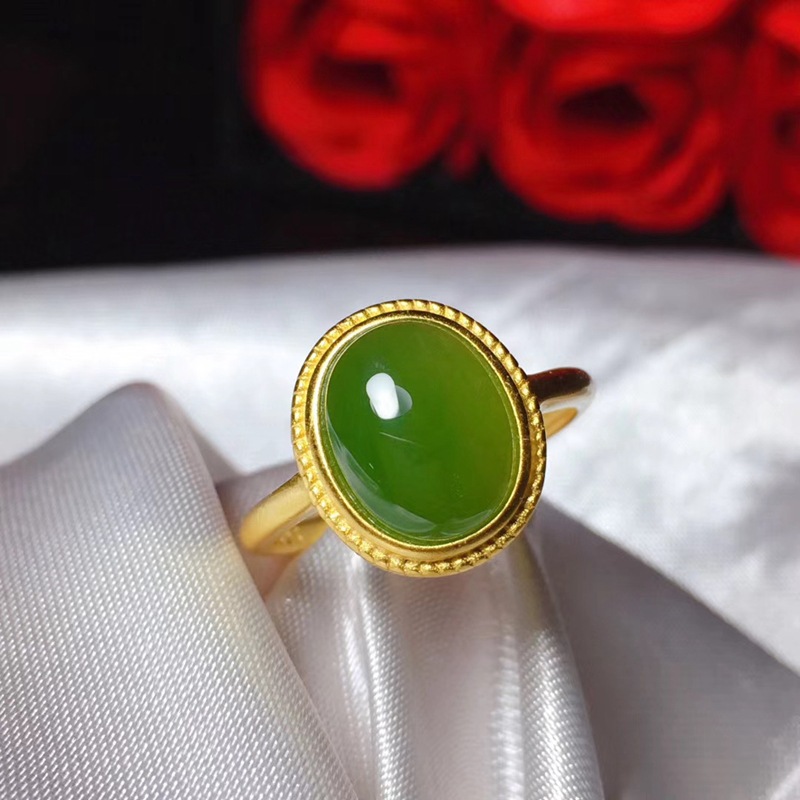 925银镀古法金镶天然菠菜绿碧玉戒指和田玉复古鎏金工艺男女戒指