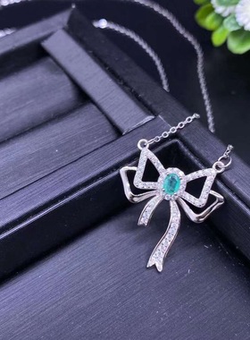 天然祖母绿项链925银锁骨链祖母绿蝴蝶结项链520直播首饰吊坠