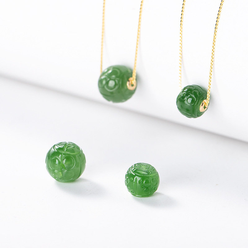 18K金镶嵌天然和田玉菠菜绿碧玉鼓珠转运珠吊坠手链DIY隔珠配饰