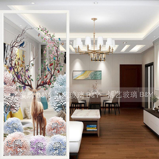 艺术玻璃玄关北欧轻奢美式隔断鹿客厅入户雕刻屏风双面效果卫生间