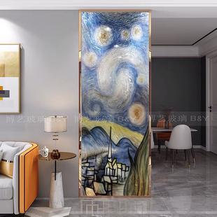 玄关艺术玻璃隔断星空浮雕手工雕刻客厅入户卫生间钢化透光美式风