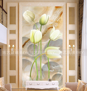 艺术玻璃 雕刻隔断电视背景入户走廊大理石郁金香简欧 玄关背景3D