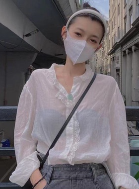 BOLATU柏拉图2024春夏上衣衬衣棉麻文艺清新蕾丝花边立领衬衫女装