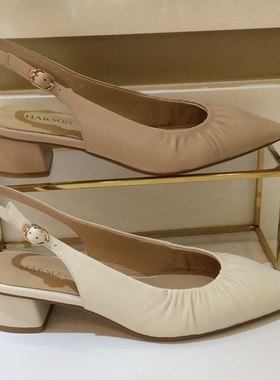 哈森HARSON正品2025夏季新款中粗跟尖头后空百搭女凉皮鞋HM257901