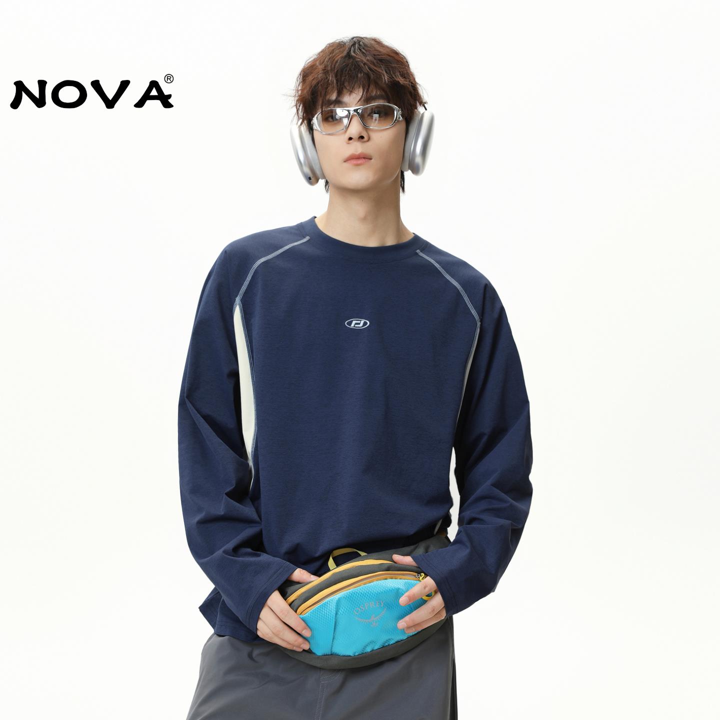 【意大利高端潮牌】户外运动撞色长袖T恤男秋冬季宽松休闲上衣