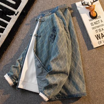 【意大利高端潮牌】刺绣牛仔外套男款秋冬季宽松无领盘扣休闲夹克