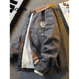 【意大利Nova潮牌】复古工装皮领拼接麂皮外套男士秋冬飞行员夹克