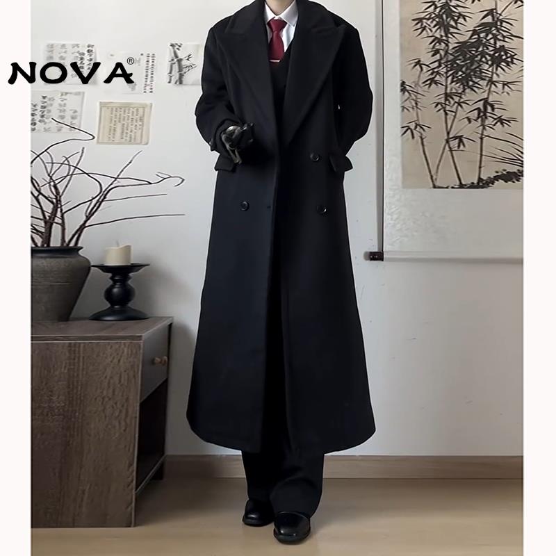 【意大利高端潮牌】黑色正肩毛呢大衣男冬季加棉加厚长款风衣外套