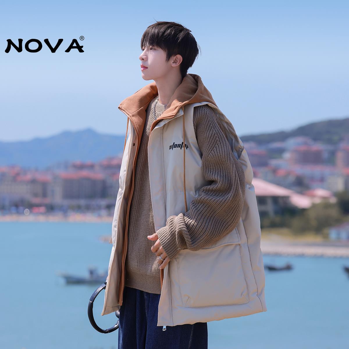 【意大利Nova潮牌】假两件连帽羽绒马甲男士秋冬新款宽松棉服外套