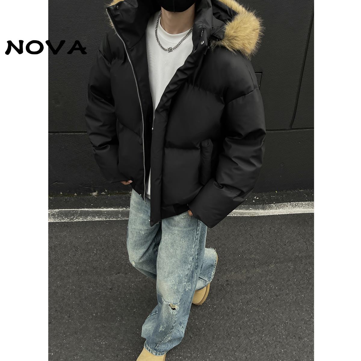 【意大利Nova潮牌】大毛领羽绒coke棉服男款冬季pu皮棉袄外套加厚