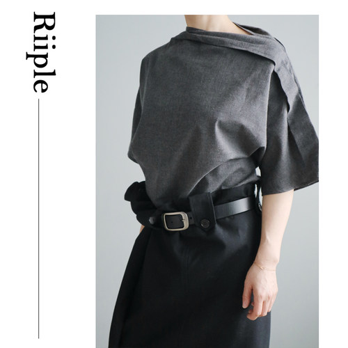 Riiple  夏季新款一字不规则领短袖衬衫