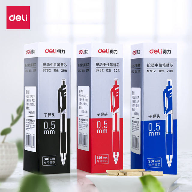 得力S782按动式中性笔替芯0.5mm子弹头20支装学生水笔芯通用S01