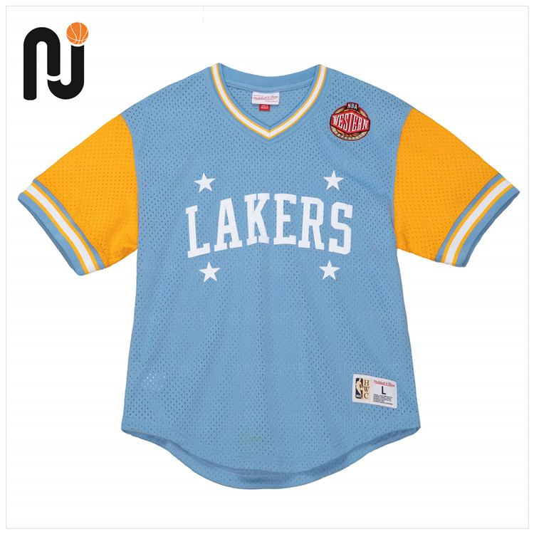 Mitchell&Ness MN 湖人球队复古棒球服T恤 刺绣款休闲V领网眼短袖