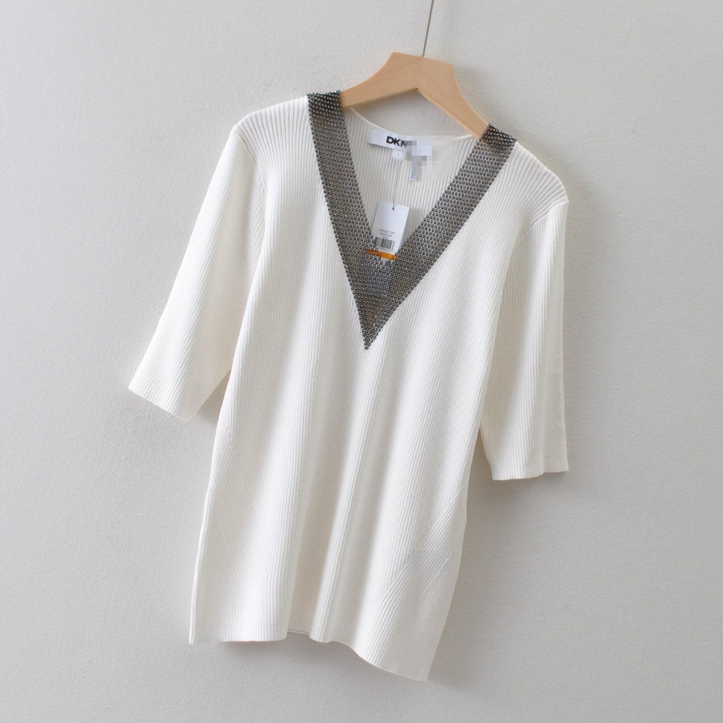 美国单DKN*女装~V领拼接亮钻五分袖针织衫秋 螺纹高弹上衣89美刀