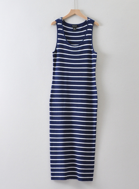 出口美国单R@CHE*OE原~条纹针织背心连衣裙 螺纹高弹修身超长裙女