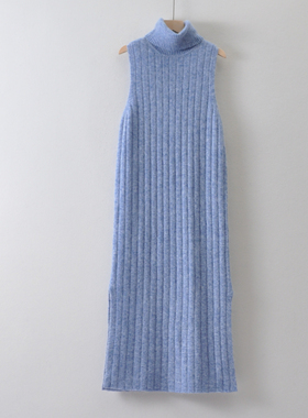 外贸美国单ESPR*女装~马海毛+绵羊毛针织连衣裙 高领长款开叉毛衣