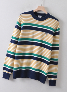 外贸欧美单SUNDA*ST男装~条纹时尚撞色针织衫 圆领棉毛衣打底衫