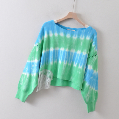 外贸阿根廷单j@zm* cheb*高guan女装~钉珠流苏扎染 曲珠针织衫