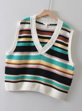外贸瑞点单H*家大码女装~条纹拼色毛衣马甲秋冬季 宽松背心针织衫
