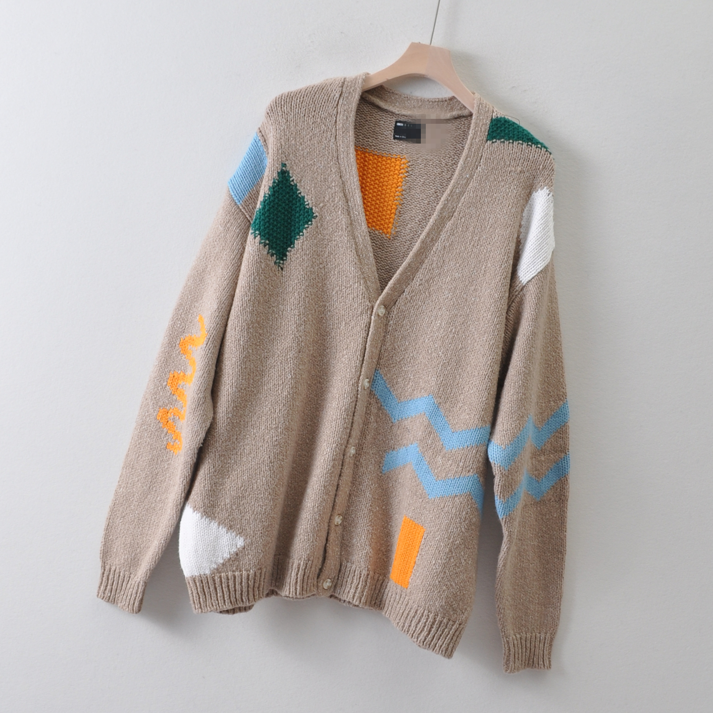 外贸英国单aso*大码男装~粗线厚款针织开衫秋冬季 提花撞色毛衣