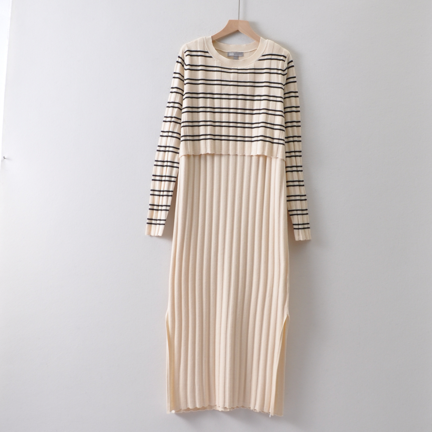 外贸英国单aso*女装~条纹针织连衣裙秋冬季 假两件套圆领超长裙