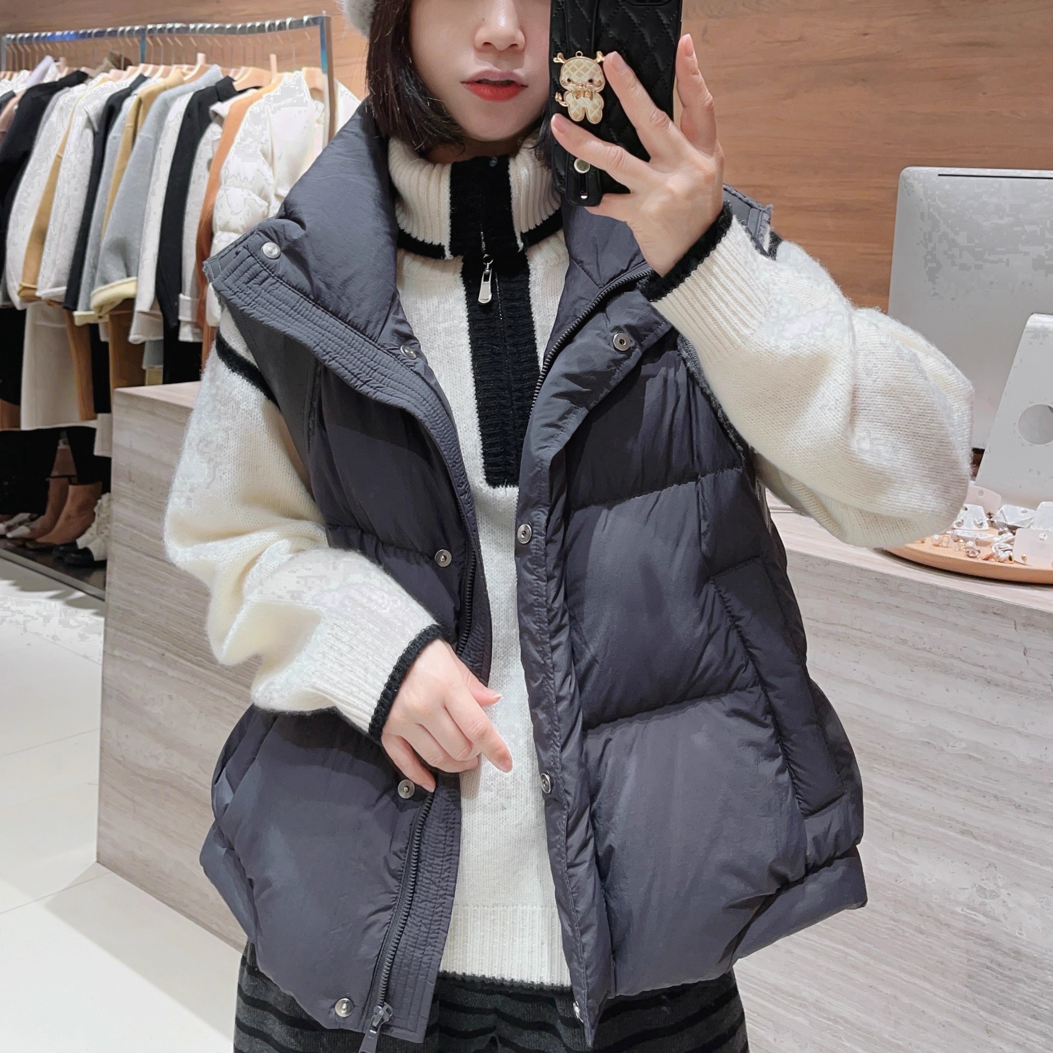 冬季拼皮立领短款羽绒马甲女款