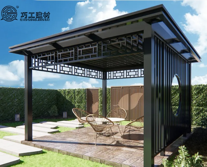 长沙新中式铝合金凉亭定制休闲别墅露天平顶户外四角凉亭带灯高端