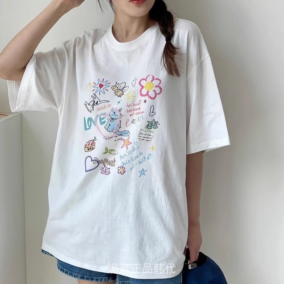 妮可家包邮韩国东大门正品代购夏季新款休闲减龄猫咪蜜蜂印花T恤