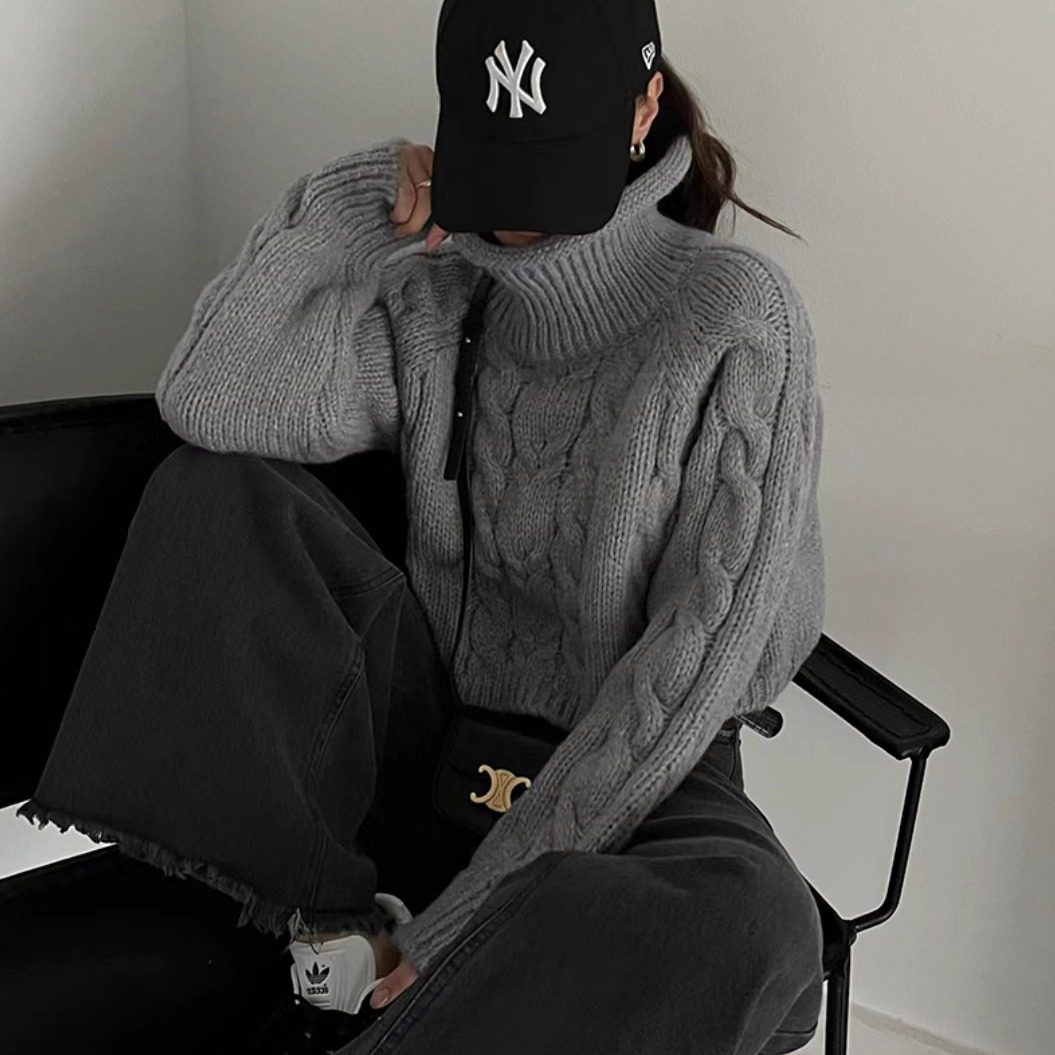 妮可家包邮韩国东大门正品代购秋冬新款复古百搭麻花高领毛衣短款