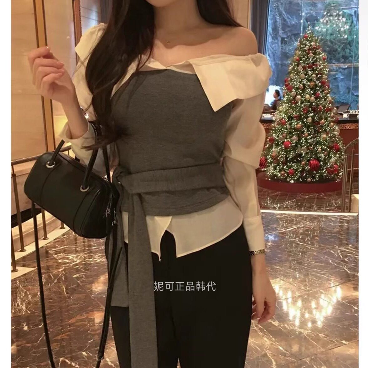 妮可家包邮韩国东大门正品代购秋新款时尚绑带抹胸假两件翻领衬衣