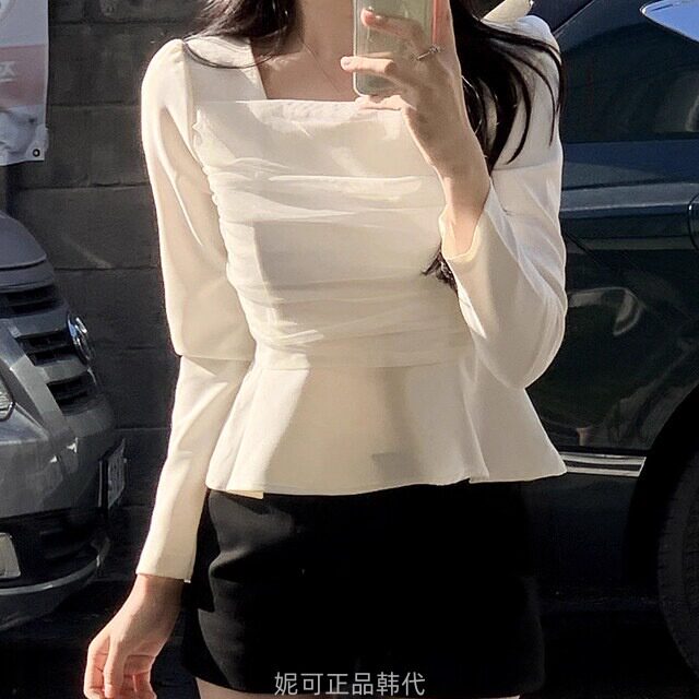 妮可家包邮韩国东大门正品代购秋冬新款气质网纱拼接小裙摆上衣
