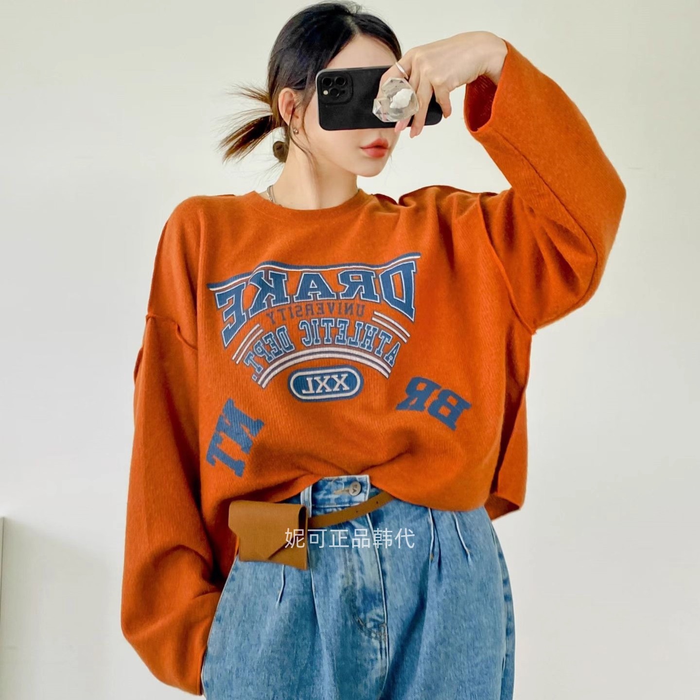 妮可家包邮韩国东大门正品代购秋季新款休闲印花宽松磨毛针织T恤