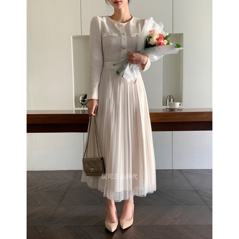 妮可家包邮韩国东大门正品代购秋冬新款浪漫气质小香风拼接连衣裙