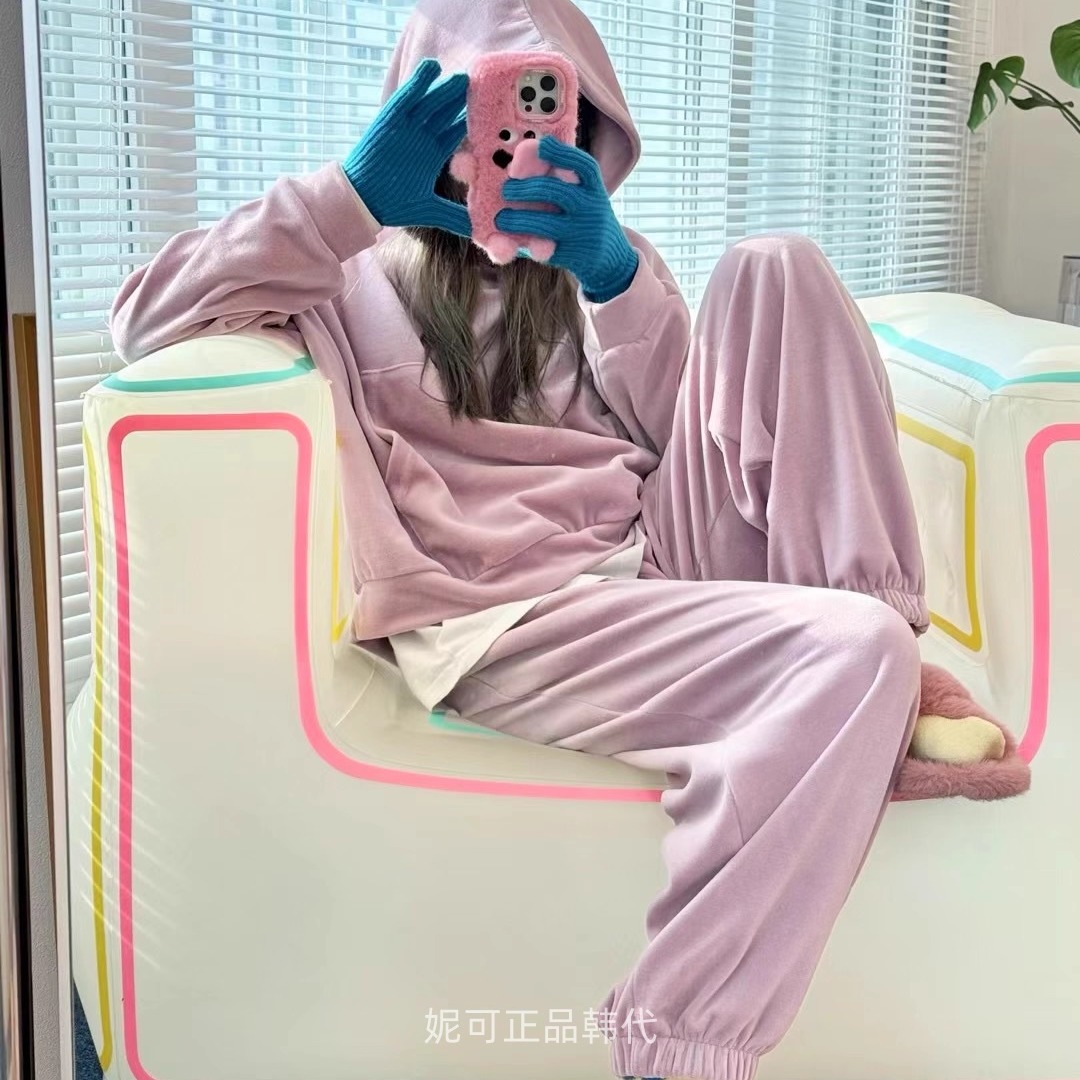 妮可家包邮韩国东大门正品代购秋季新款INS休闲百搭丝绒连帽套装