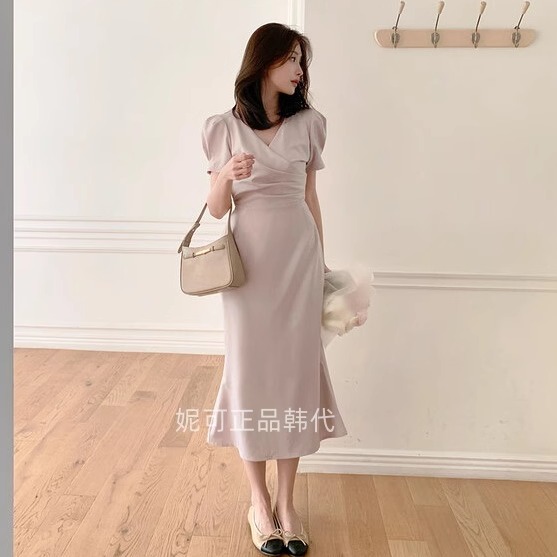 妮可家包邮韩国东大门正品代购夏季新款气质压褶收腰绑带连衣裙