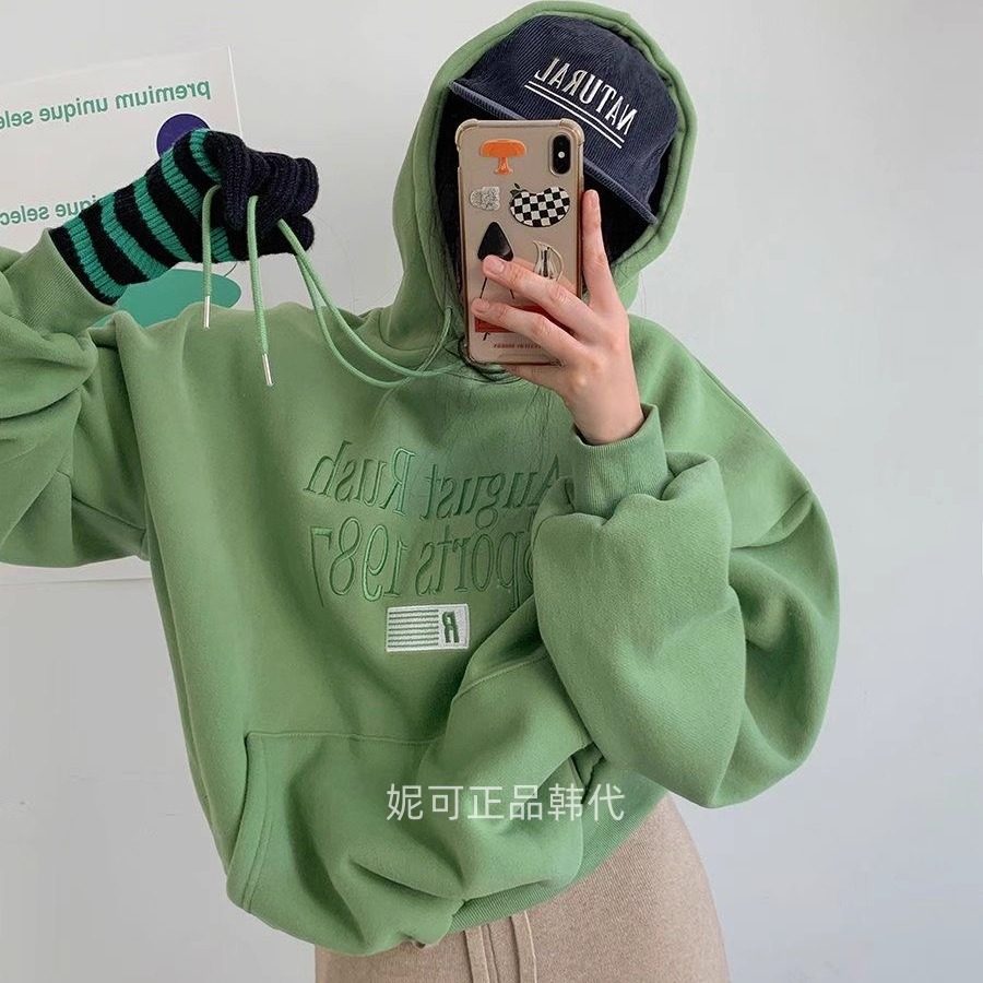 妮可家包邮韩国东大门正品代购秋冬新款厚实加绒字母刺绣连帽卫衣