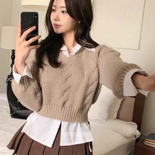妮可家包邮韩国东大门正品代购秋冬新款复古麻花羊驼毛V领毛衣