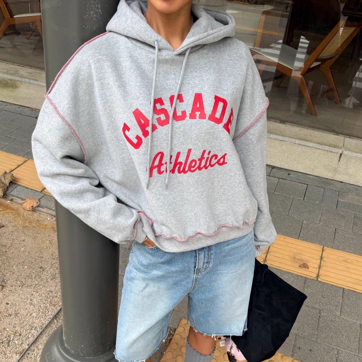 妮可家包邮韩国东大门正品代购秋冬新款休闲印花明线连帽加绒卫衣