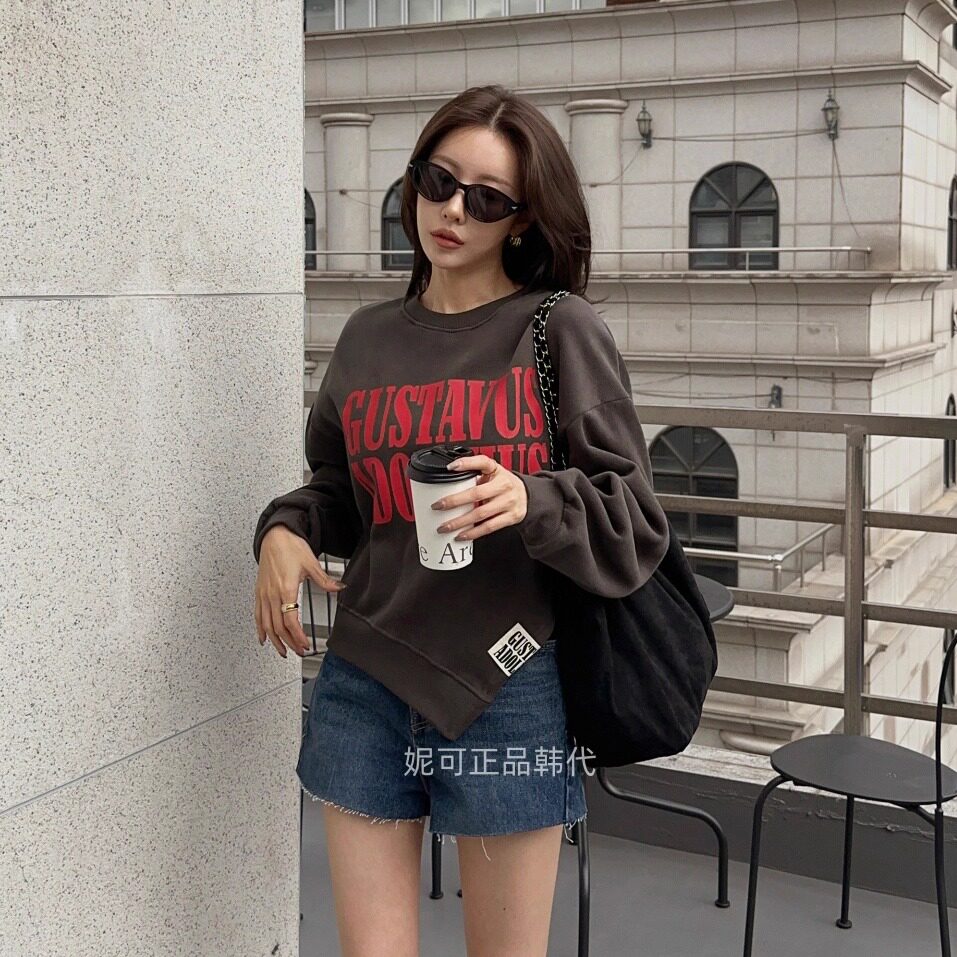 妮可家包邮韩国东大门正品代购秋季新款潮流不规则标签加绒卫衣