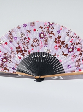 2款 淡紫色棉麻扇子 日式和风小物 折扇 田园碎花鸟笼 北欧风格