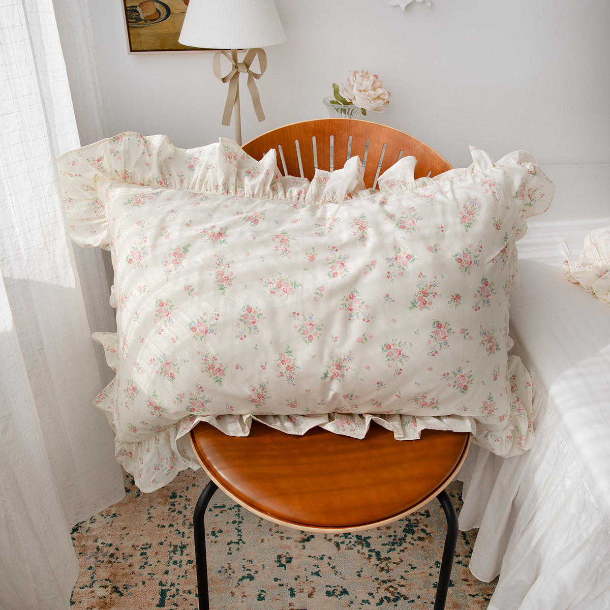 蜗牛塔｜碎花枕套单品100棉纯棉手工抽褶荷叶边简单款绑带款单件