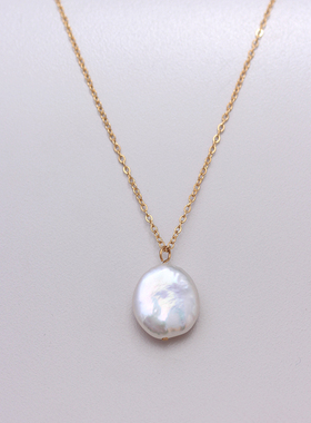 不褪色时尚简约天然珍珠扁圆纽扣项链小众轻奢高级感气质锁骨链潮